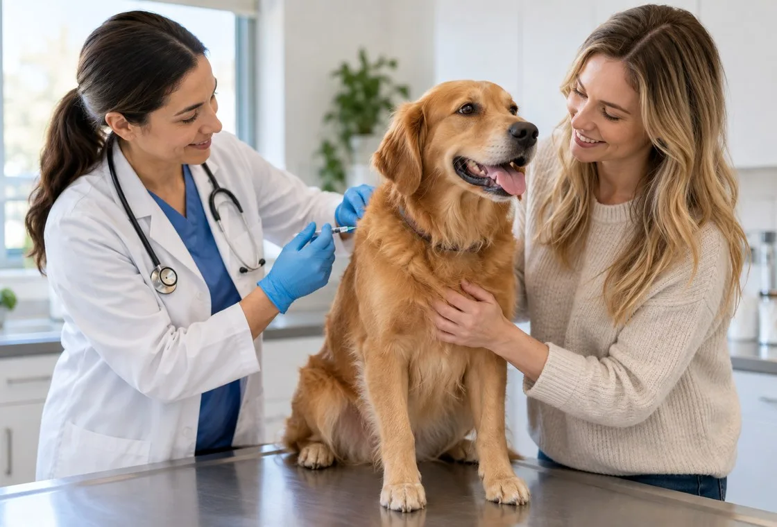 Veterinarian preparing an injection for a dog while its owner supports it
