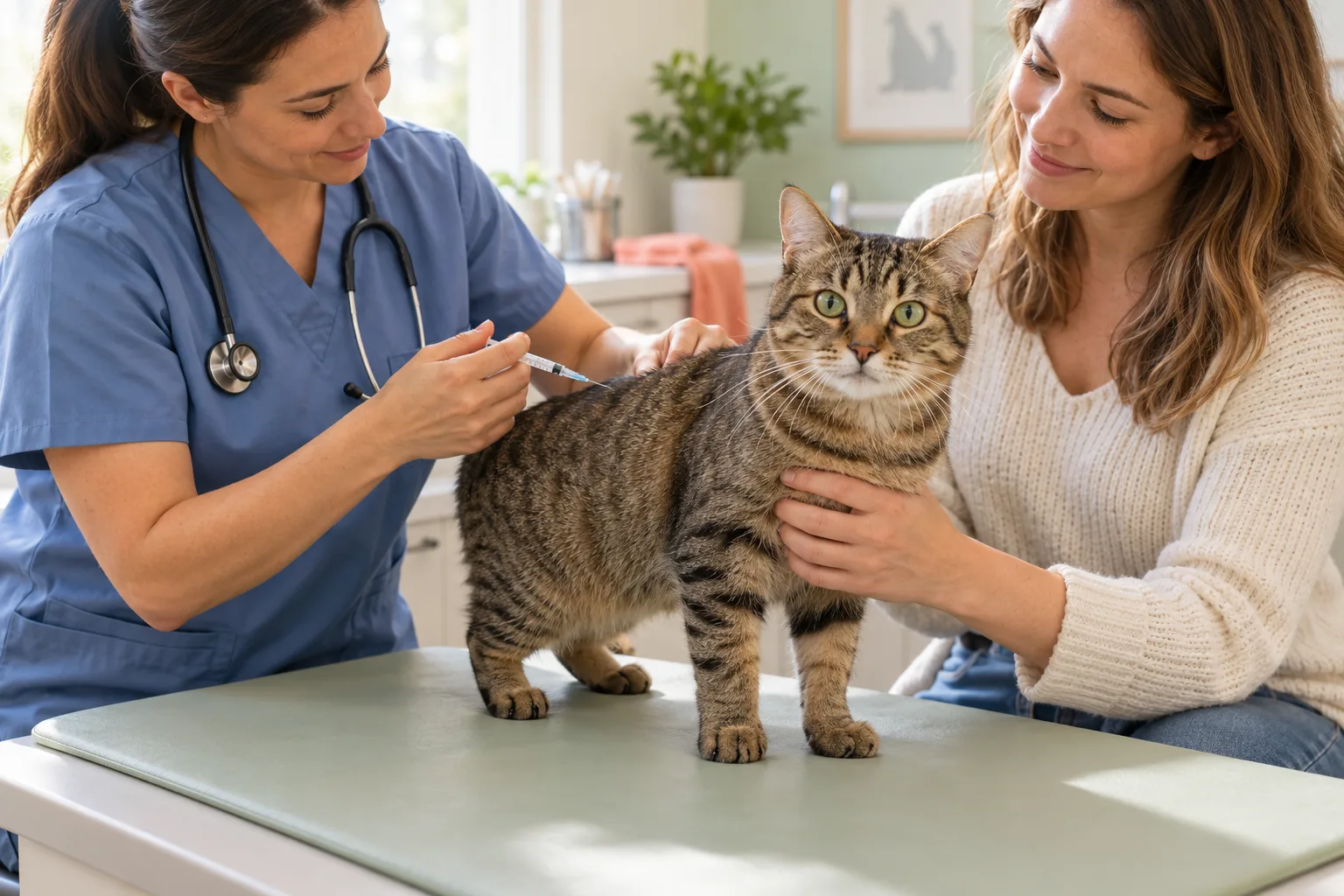 Veterinarian preparing an injection beside a tabby cat gently supported by its owner